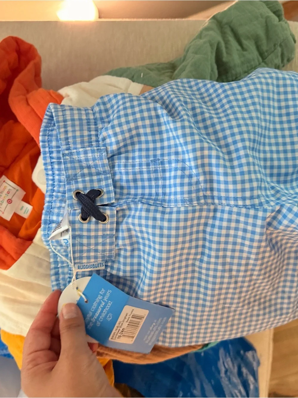 RuggedButts Light Blue Gingham Kids Swim Trunks